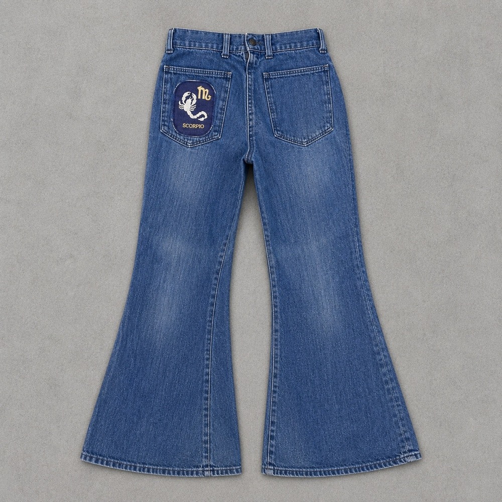 Vintage Big Yank 70s Bell‎ Bottom Flared Jeans Scorpio Patch USA Denim 28x27